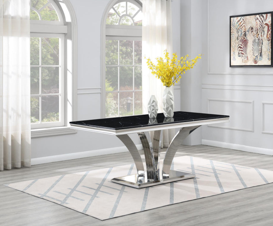 DINING TABLE (BLACK MARBLE) & 6 BLACK LEATHER CHAIRS