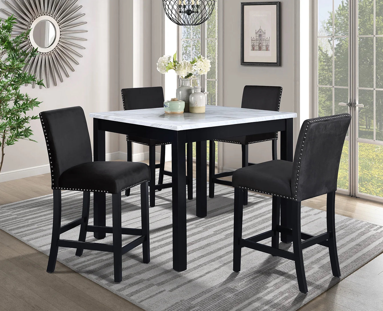 Leonardo White/Black 5 Piece White Counter Heigt Table w/ 4 Black Velvet Stools
