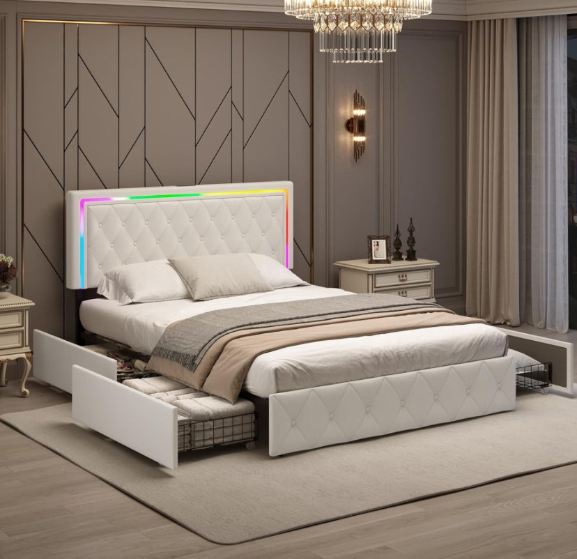 Queen Bed Frame with Storage, Queen Bed Frame with 4 Rolling Drawers and Fast Charging Station, White Queen Bed Base, Adjustable LED Headboard, Velvet Upholstered.