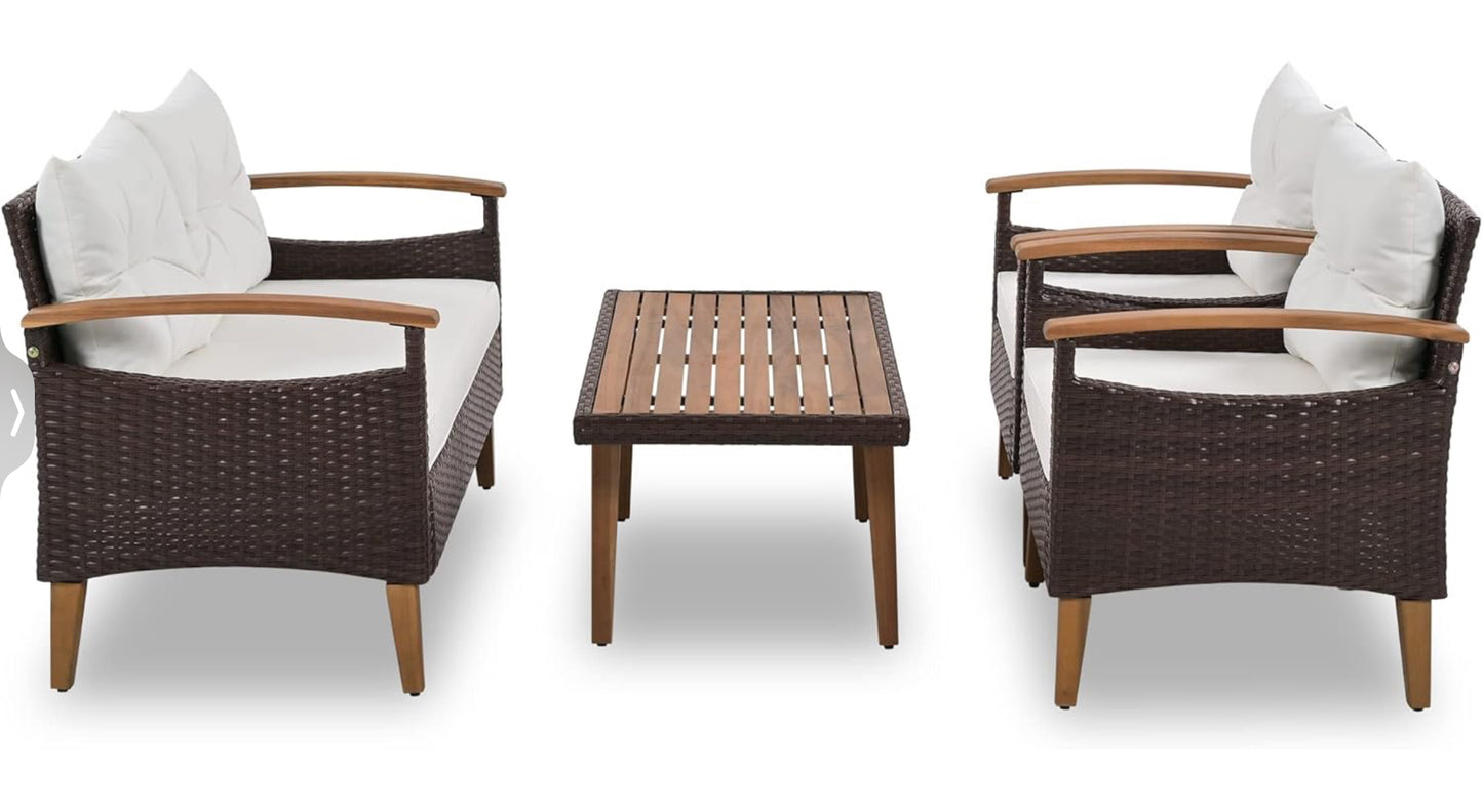 4 Piece Patio Conversation Set Rattan Chair Set Outdoor Furniture Set with Cushions and Coffee Table for Backyard Porch Poolside(Beige