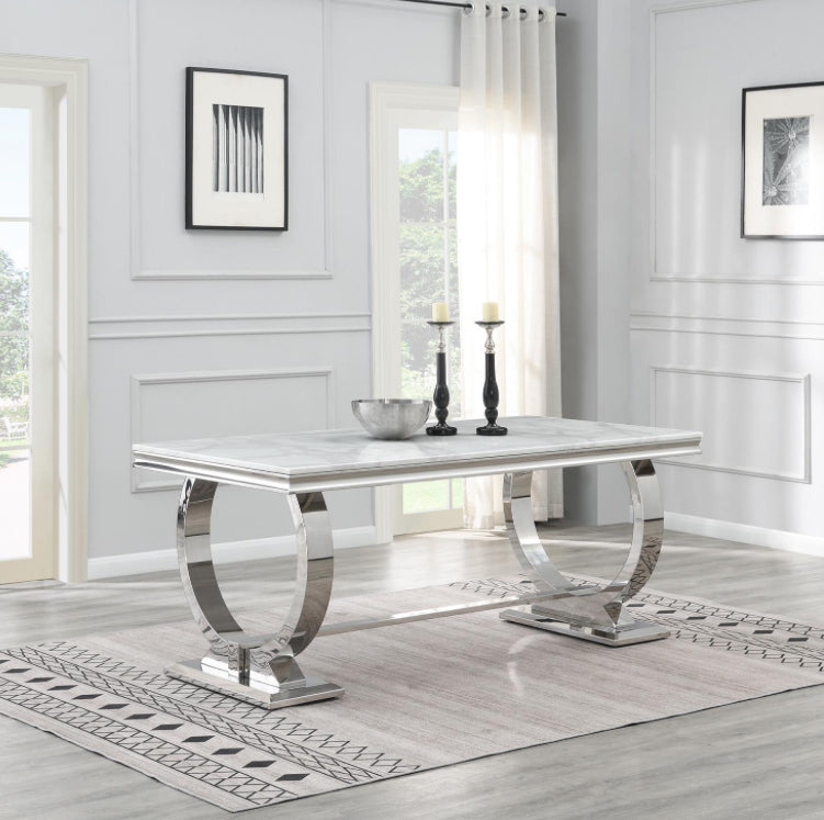 G-082-7pc luxurious marble DINING TABLE (WHITE MARBLE) & 6 GRAY VELVET CHAIRS
