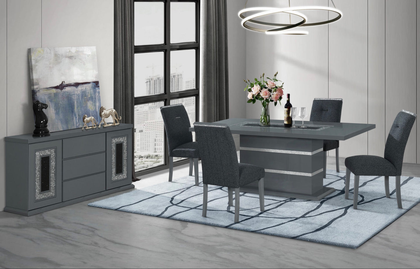 MONACO DARK GREY OR WHITE DINING TABLE AND 4 MONACO DARK GREY DINING CHAIRS