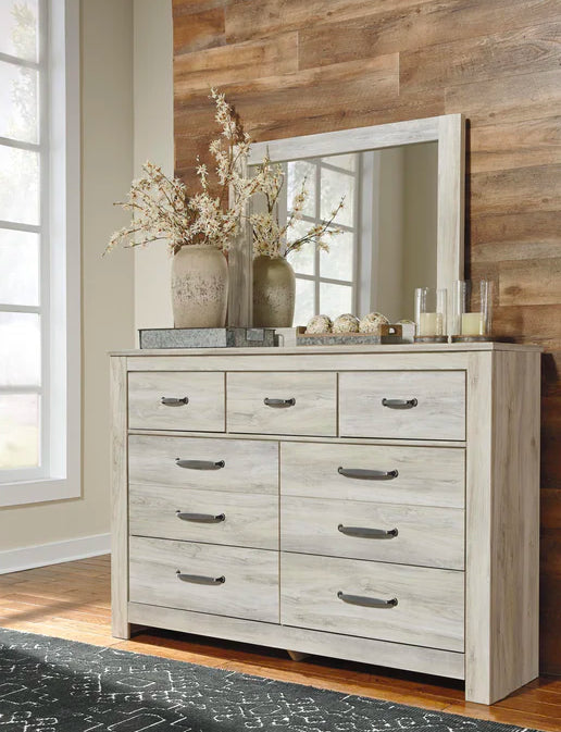 Bellaby Queen Crossbuck Panel Bed with Mirrored Dresser and 2 Nightstands