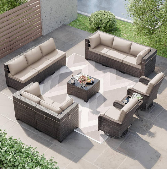 12 Pieces Patio Furniture Set, Rattan Wicker Sofa Set, Outdoor Conversation Sets w/Swivel Rocking Chairs Patio Sectional Sofa w/4 Inch Cushion, Sand