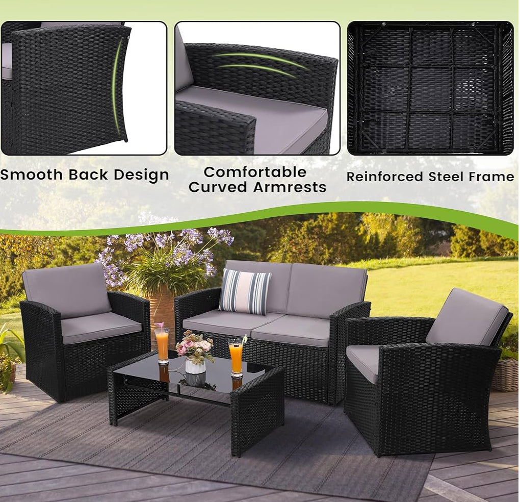 4 Pieces Patio Conversation Set, Outside Rattan Sectional Sofa, Cushioned Furniture Set, Wicker Sofa Ideal for Garden, Porch, Backyard, Black Color Rattan and Light Grey Cushion