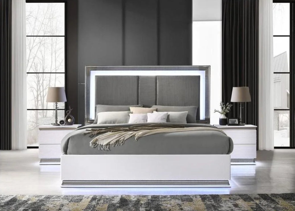 Dalal White 4 Piece Set Includes: King Bed, Dresser, Mirror, Nightstand