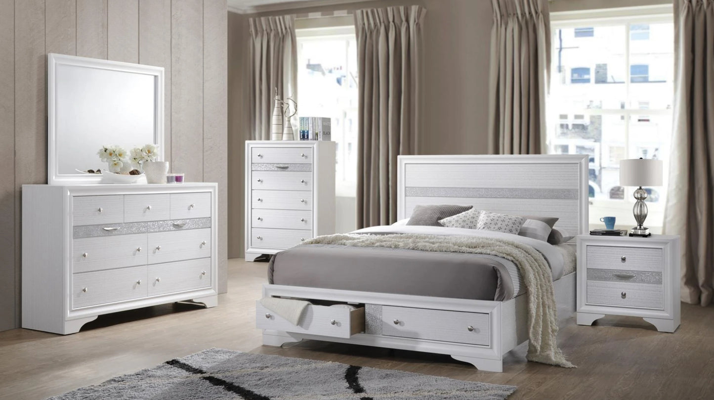 Lubna White B-160 4 Piece Set Includes: Bed, Dresser, Mirror, Nightstand
