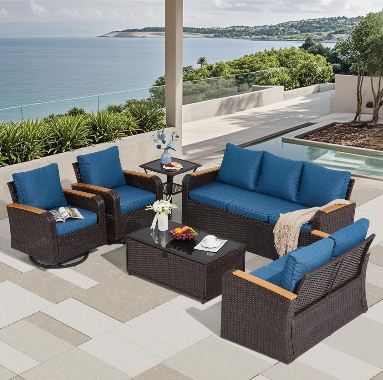 6 Pieces Patio Furniture Sets with Swivel Chairs, Outdoor Furniture Set for Porch Deck Bistro Lawn Garden Backyard Poolsid-Brown Rattan/Navy Blue