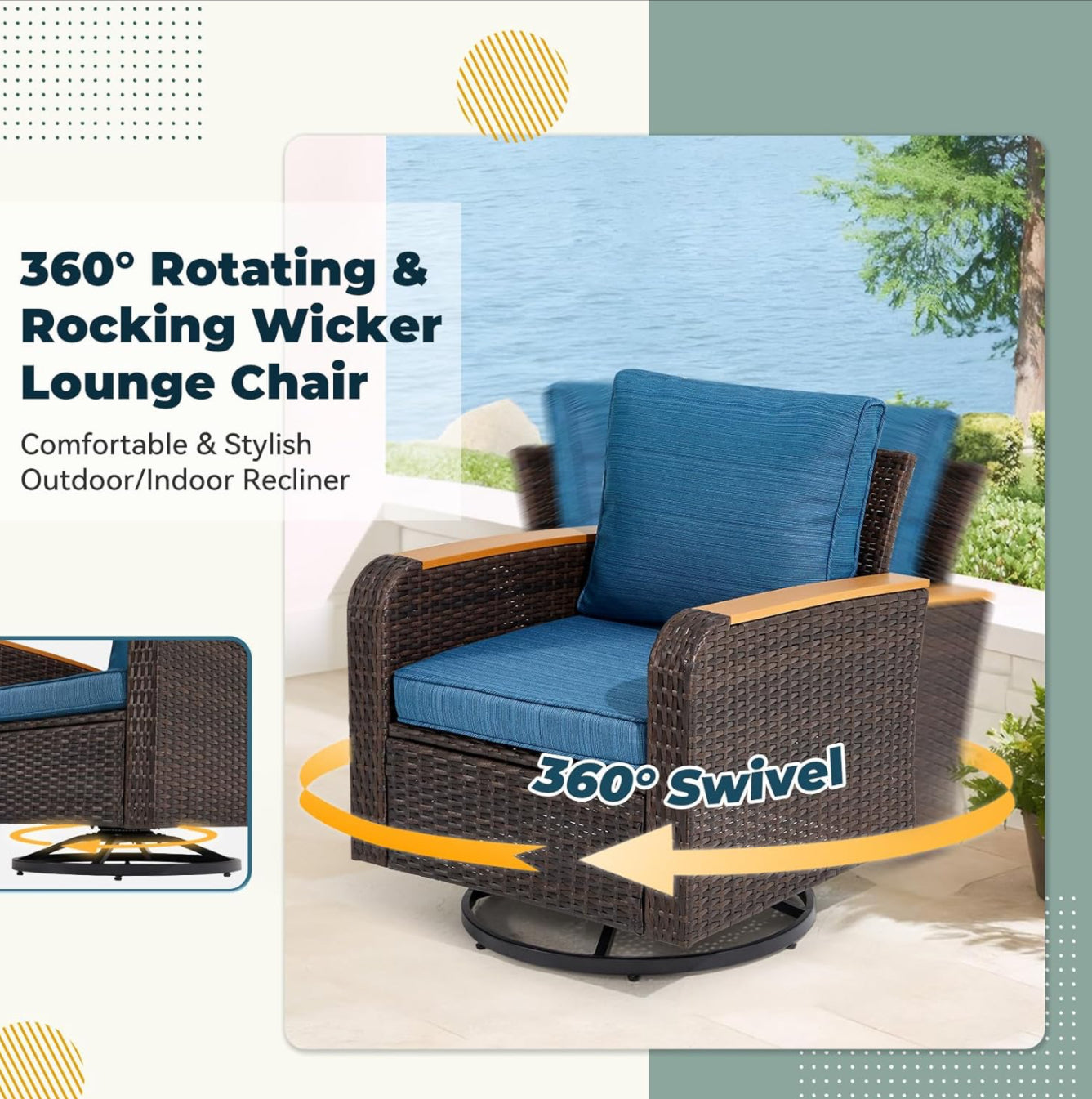 6 Pieces Patio Furniture Sets with Swivel Chairs, Outdoor Furniture Set for Porch Deck Bistro Lawn Garden Backyard Poolsid-Brown Rattan/Navy Blue