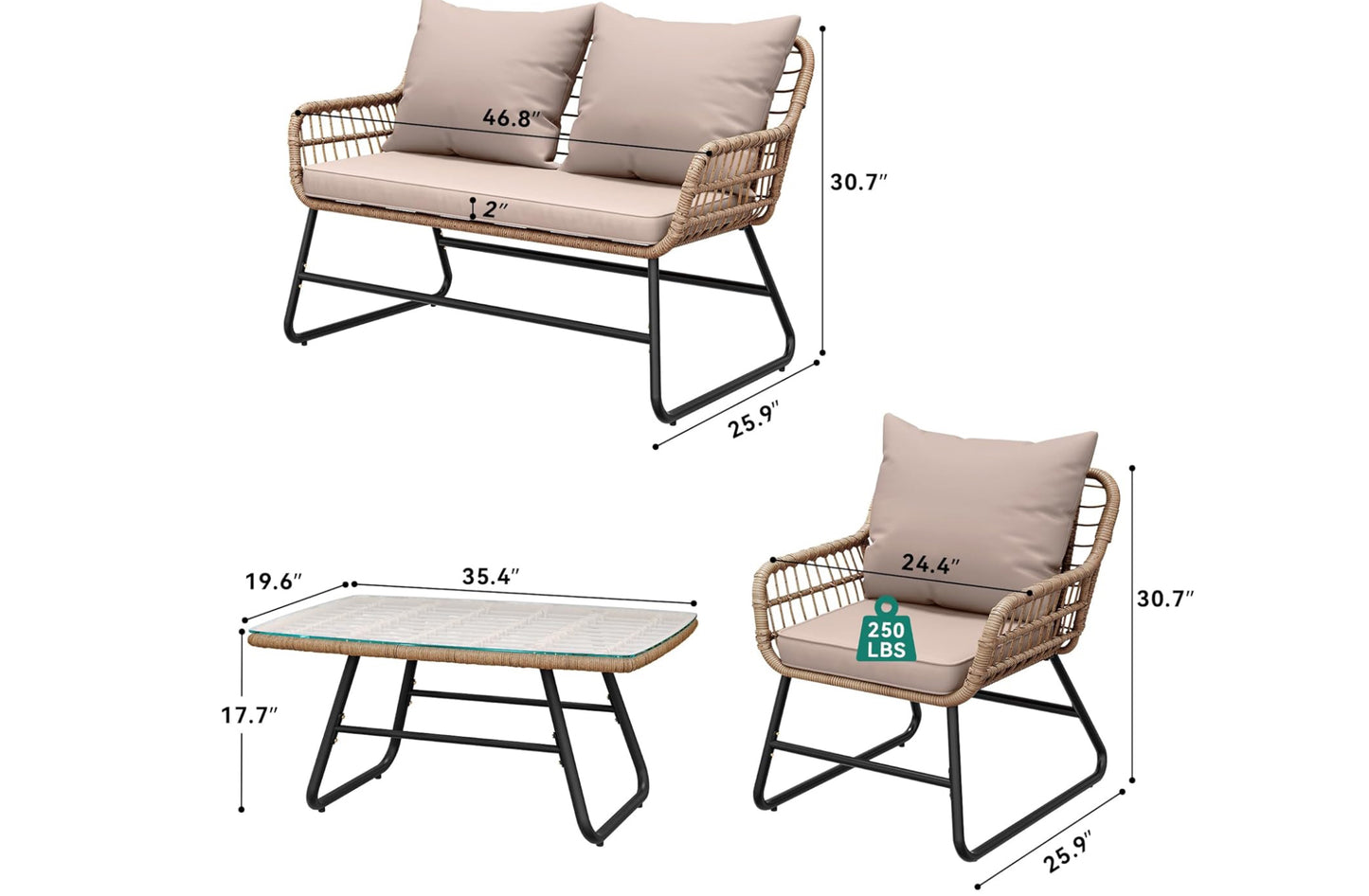 Outdoor Patio Conversation Set 4 Pieces, Wicker Furniture with Soft Cushion & Coffee Table, Rattan Bistro Set Patio Set Chairs with Side Table for Backyard, Balcony, Deck, Beige