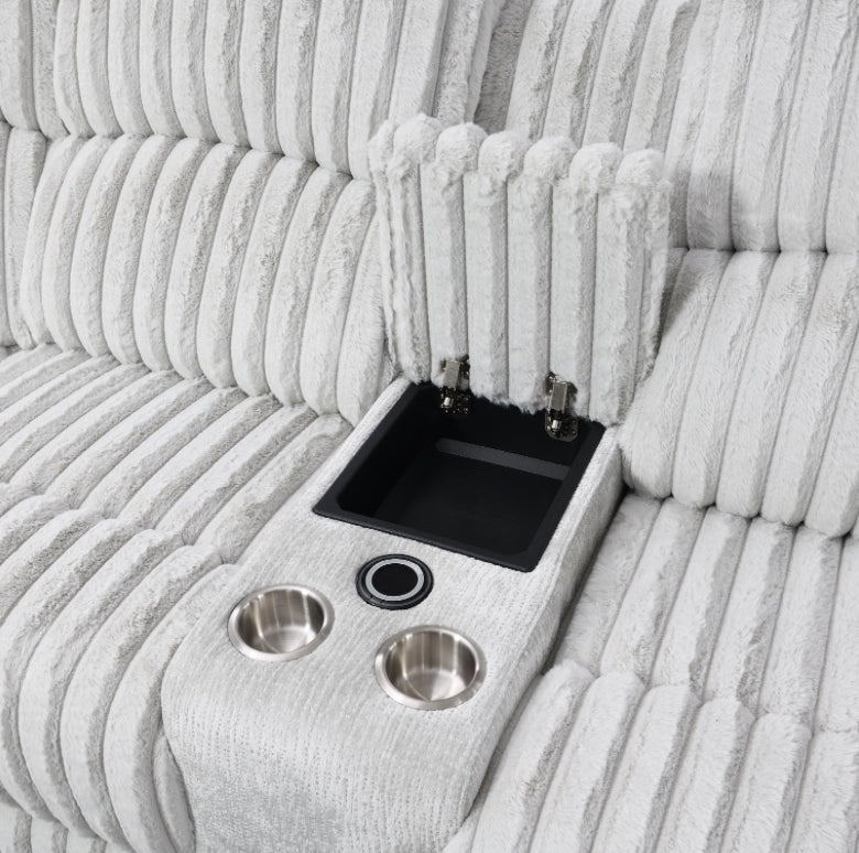U61	GRAY CORDUROY POWER 3 PC SECTIONAL W/BLUETOOTH SPEAKER, AND WIRELESS CHARGER