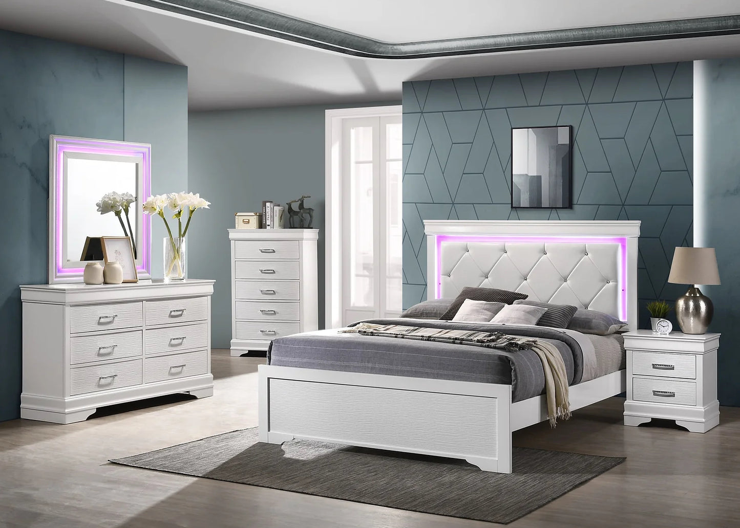 Nora White 4 Piece Set Includes: Bed, Dresser, Mirror, Nightstand