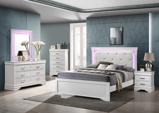Nora White 4 Piece Set Includes: Bed, Dresser, Mirror, Nightstand