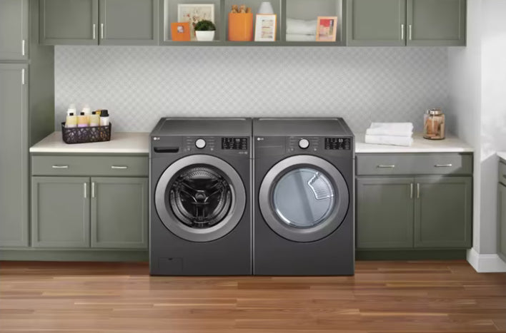 LG
5.0 cu. ft. Stackable Front Load Washer with 6 Motion Cleaning Technology and 
7.4 cu. ft. Vented Stackable Electric Dryer with Sensor Dry Technology on silver color