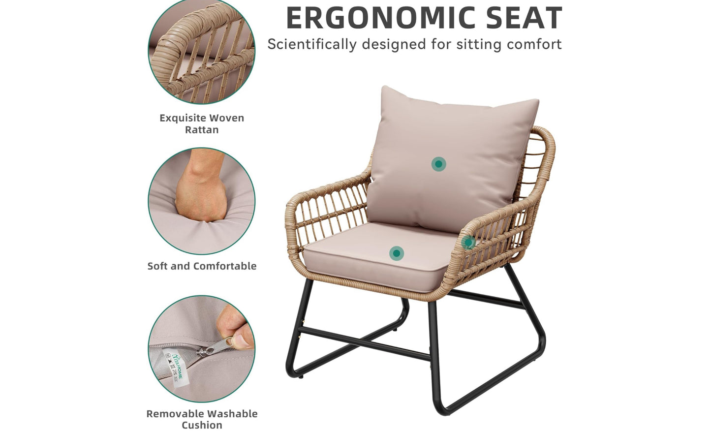 Outdoor Patio Conversation Set 4 Pieces, Wicker Furniture with Soft Cushion & Coffee Table, Rattan Bistro Set Patio Set Chairs with Side Table for Backyard, Balcony, Deck, Beige