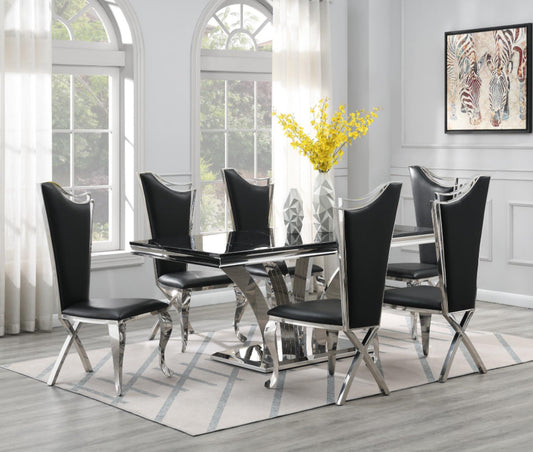 DINING TABLE (BLACK MARBLE) & 6 BLACK LEATHER CHAIRS