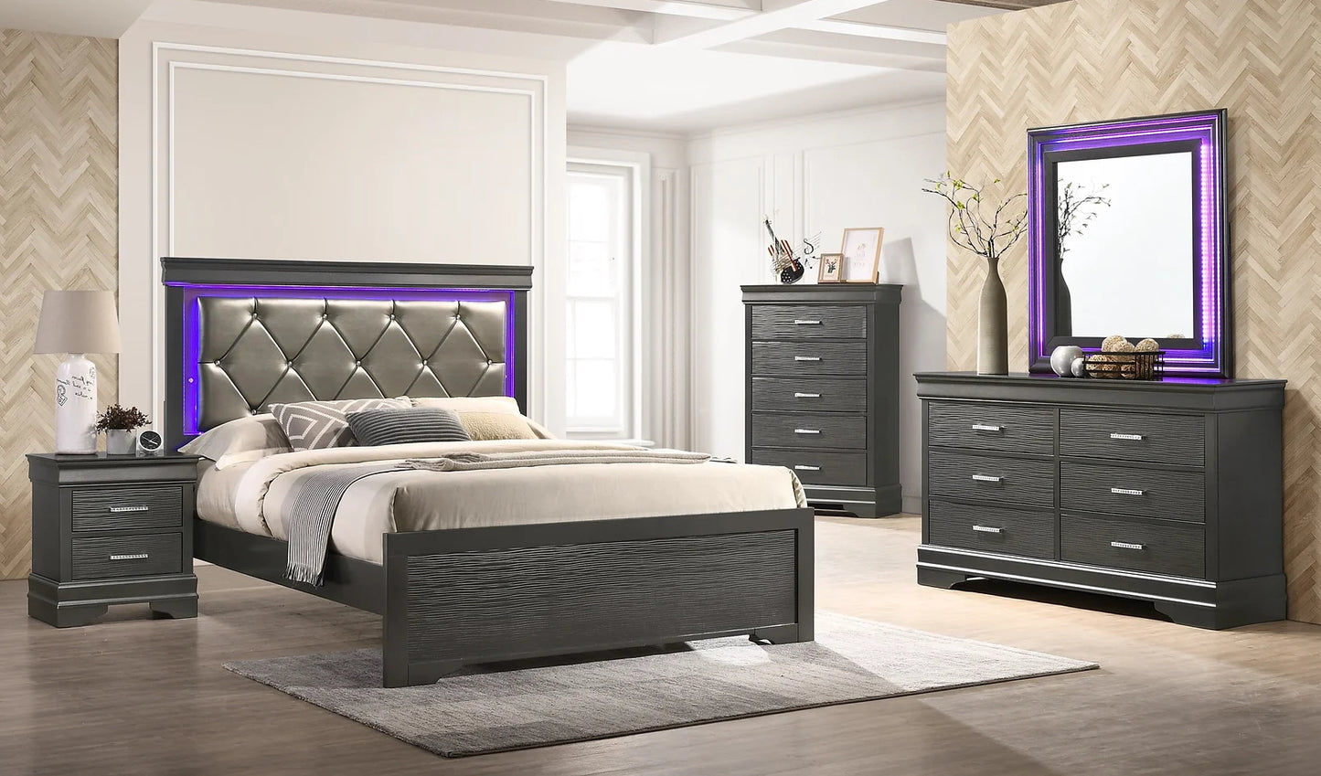 Nora Gray 4 Piece Set Includes: Bed, Dresser, Mirror, Nightstand