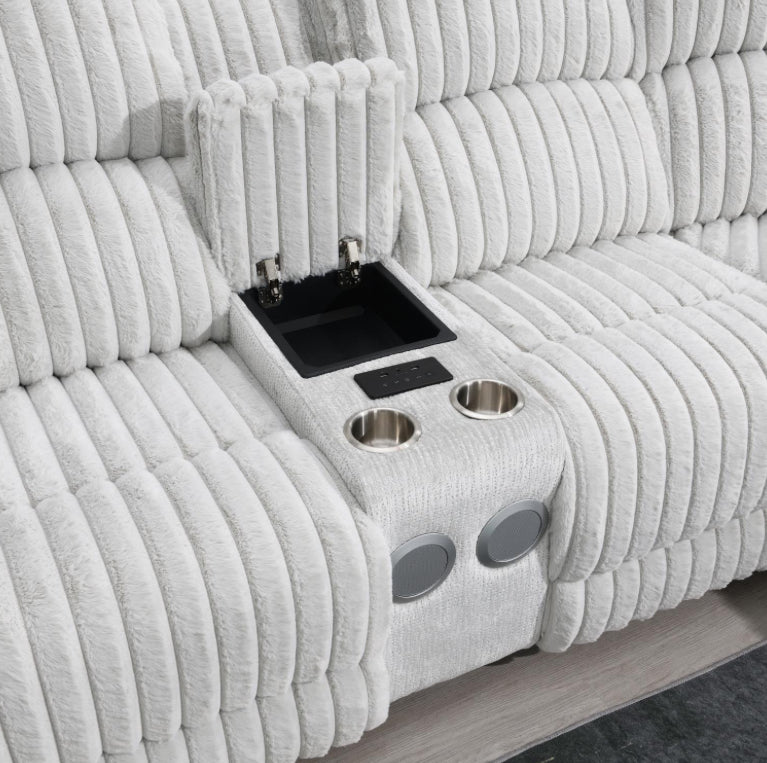 U61	GRAY CORDUROY POWER 3 PC SECTIONAL W/BLUETOOTH SPEAKER, AND WIRELESS CHARGER