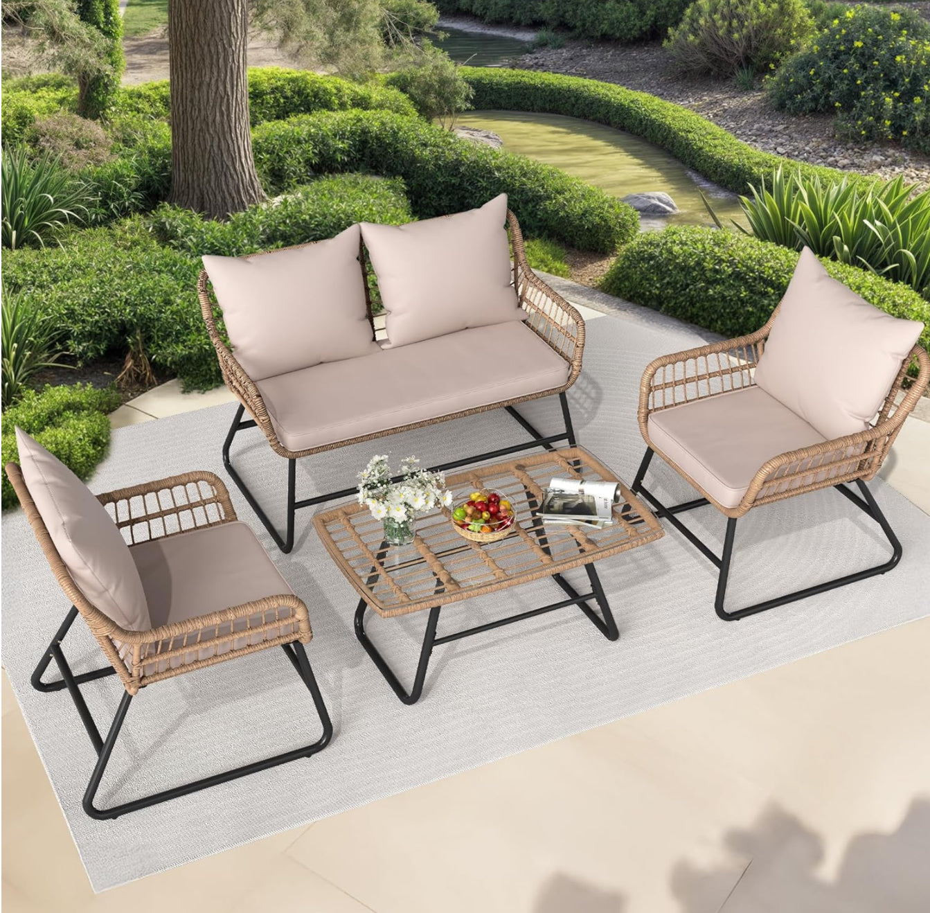 Outdoor Patio Conversation Set 4 Pieces, Wicker Furniture with Soft Cushion & Coffee Table, Rattan Bistro Set Patio Set Chairs with Side Table for Backyard, Balcony, Deck, Beige