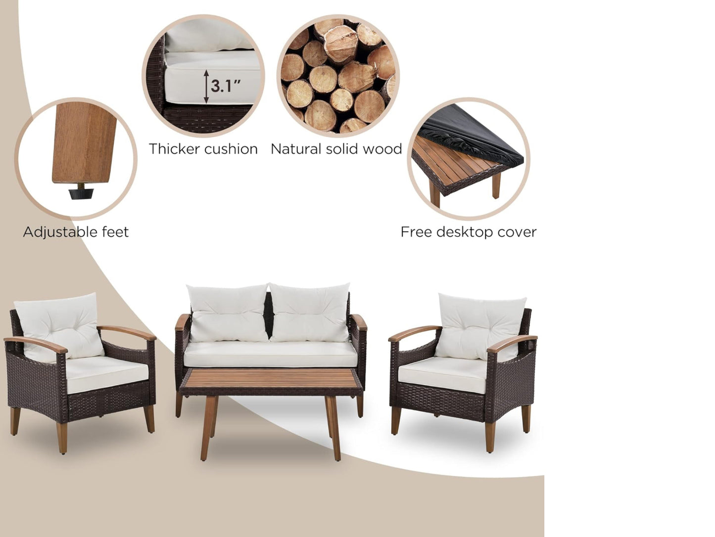 4 Piece Patio Conversation Set Rattan Chair Set Outdoor Furniture Set with Cushions and Coffee Table for Backyard Porch Poolside(Beige