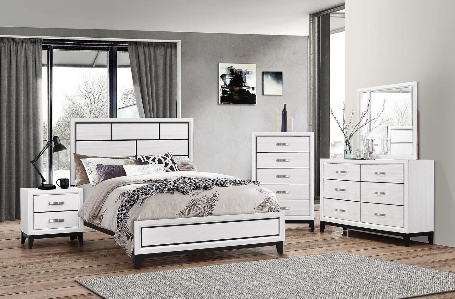 Caroline White 4 Piece Set Includes: QUEEN Bed, Dresser, Mirror, Nightstand