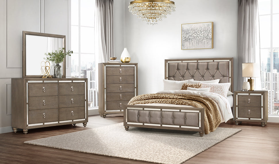 Ivy Champagne 4 Piece Set Includes: Queen Bed, Dresser, Mirror, Nightstand