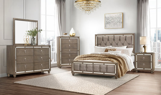 Ivy Champagne 4 Piece Set Includes: Queen Bed, Dresser, Mirror, Nightstand