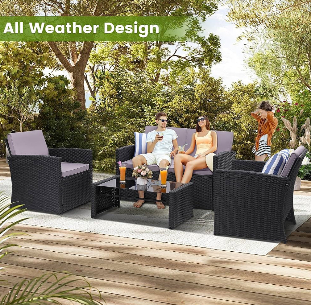 4 Pieces Patio Conversation Set, Outside Rattan Sectional Sofa, Cushioned Furniture Set, Wicker Sofa Ideal for Garden, Porch, Backyard, Black Color Rattan and Light Grey Cushion