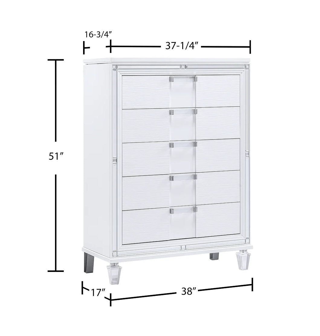 Zara White 5 Piece Set Includes: King Bed, Dresser, Mirror, Nightstand, Chest