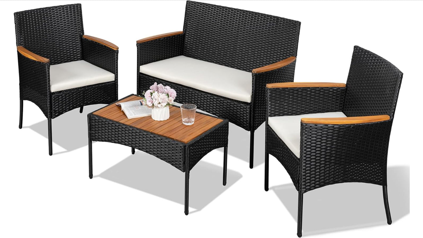 4-Piece Patio Furniture Set, Outdoor Wicker Patio Conversation Furniture Set with Cushions and Wooden Tabletop for Paito Lawn Backyard, White Cushion