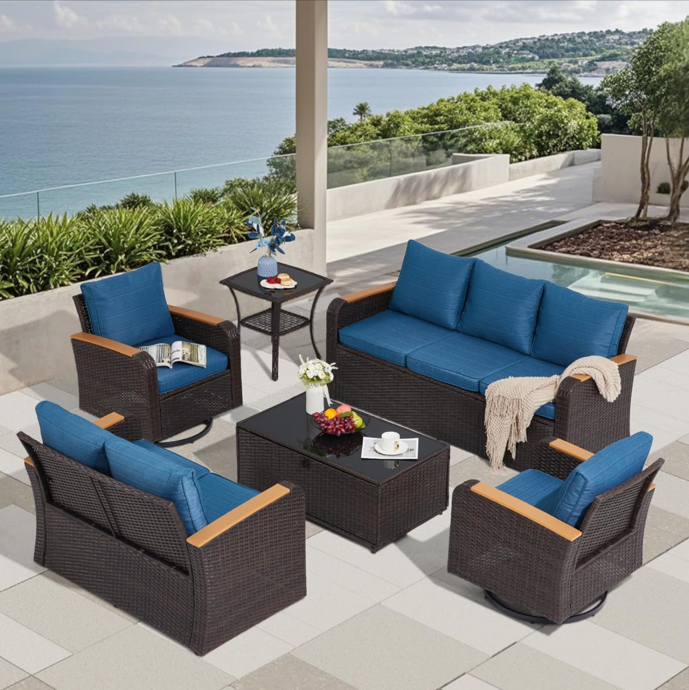 6 Pieces Patio Furniture Sets with Swivel Chairs, Outdoor Furniture Set for Porch Deck Bistro Lawn Garden Backyard Poolsid-Brown Rattan/Navy Blue