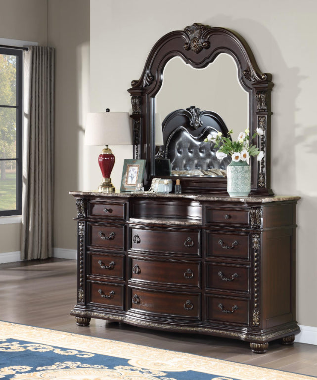 QUEEN BED FRAME - DRESSER - MIRROR - NIGHTSTAND (free chest )