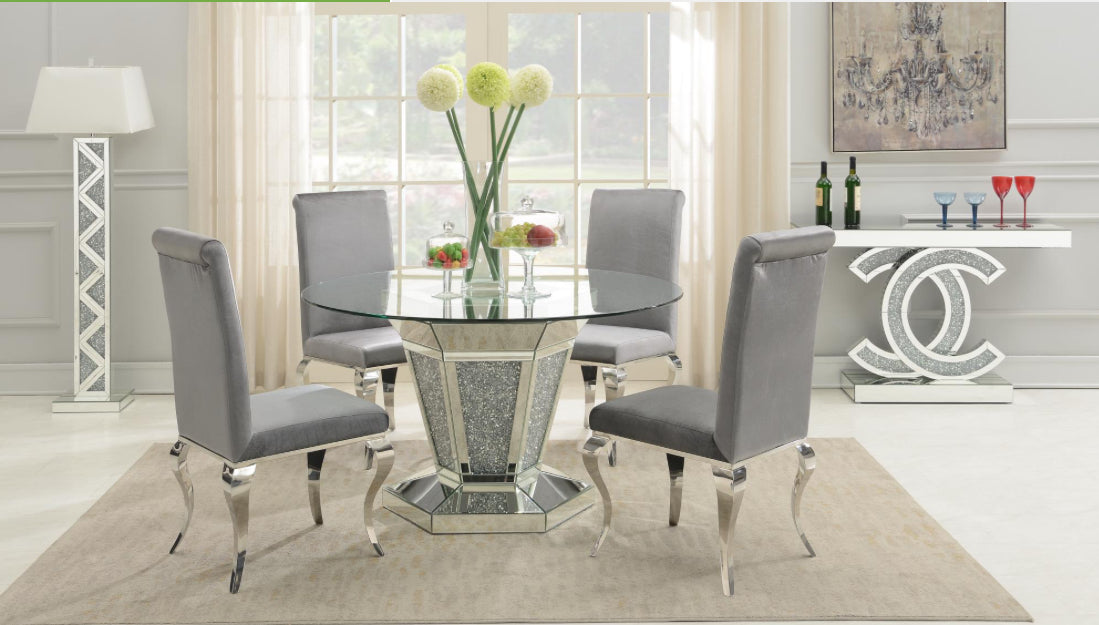 G-100-5PC-VELGRY GLAMOUR DINING TABLE & 4 GRAY LEATHER OR BLAK LEATHER CHAIRS