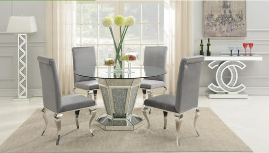 G-100-5PC-VELGRY GLAMOUR DINING TABLE & 4 GRAY LEATHER OR BLAK LEATHER CHAIRS