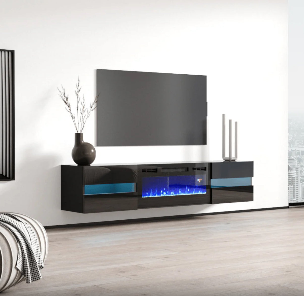 Floating Metro TV102-243 Black LED with fireplace