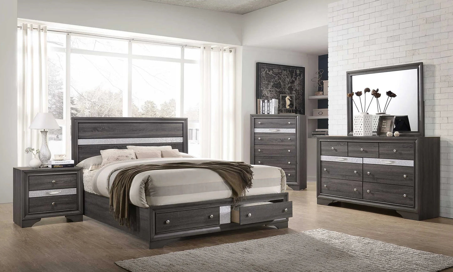 Lubna Gray B150 4 Piece Set Includes: QUEEN Bed, Dresser, Mirror, Nightstand