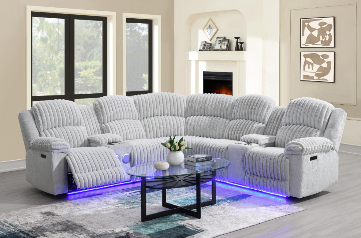 U61	GRAY CORDUROY POWER 3 PC SECTIONAL W/BLUETOOTH SPEAKER, AND WIRELESS CHARGER