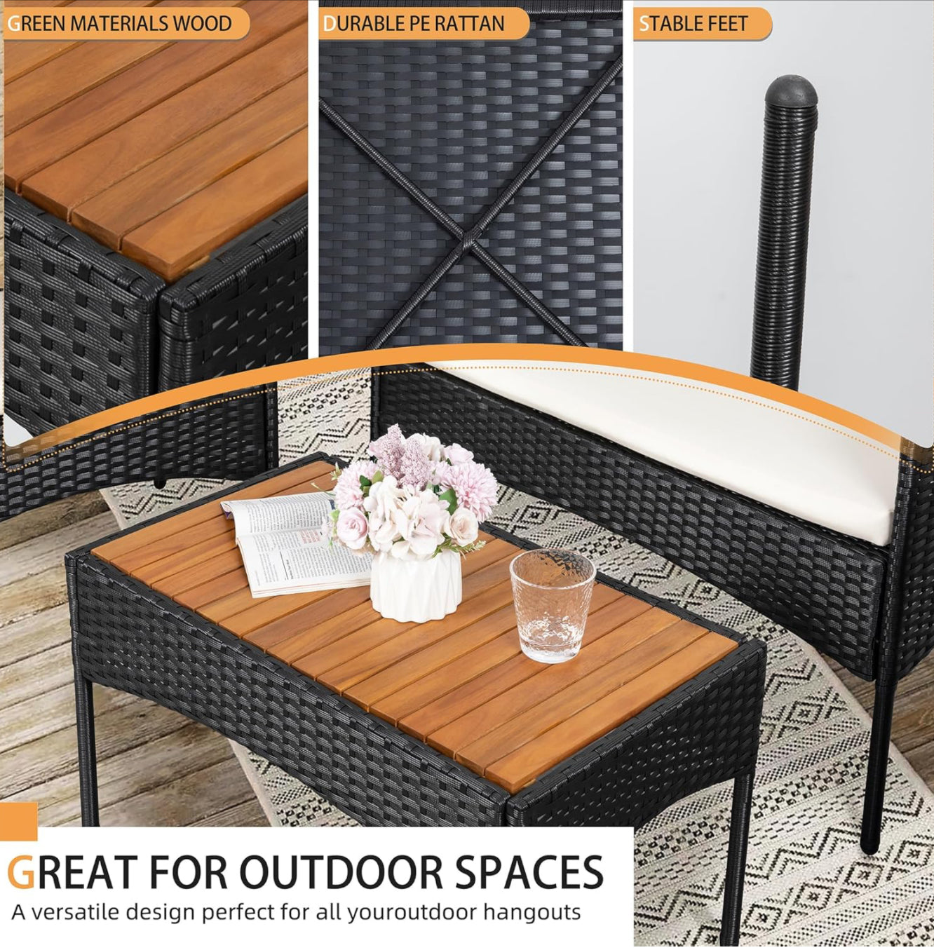 4-Piece Patio Furniture Set, Outdoor Wicker Patio Conversation Furniture Set with Cushions and Wooden Tabletop for Paito Lawn Backyard, White Cushion