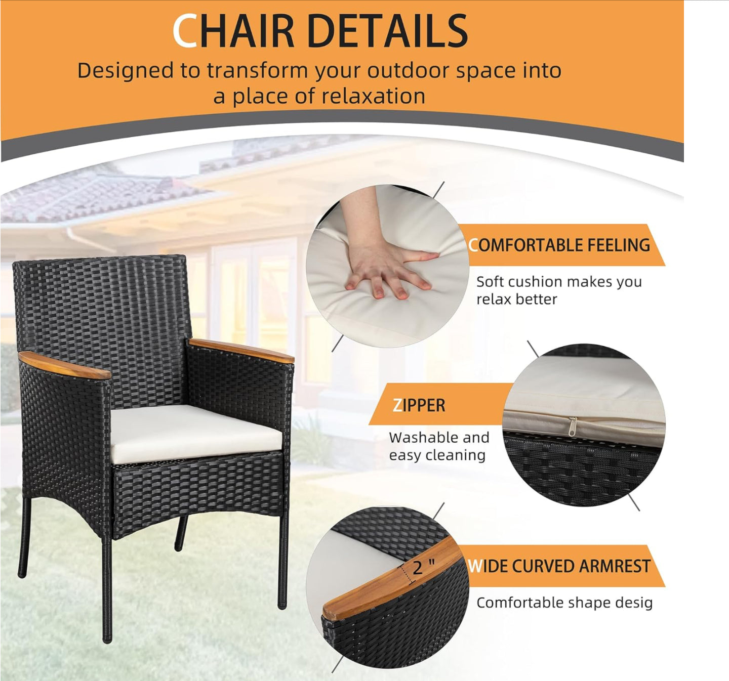 4-Piece Patio Furniture Set, Outdoor Wicker Patio Conversation Furniture Set with Cushions and Wooden Tabletop for Paito Lawn Backyard, White Cushion