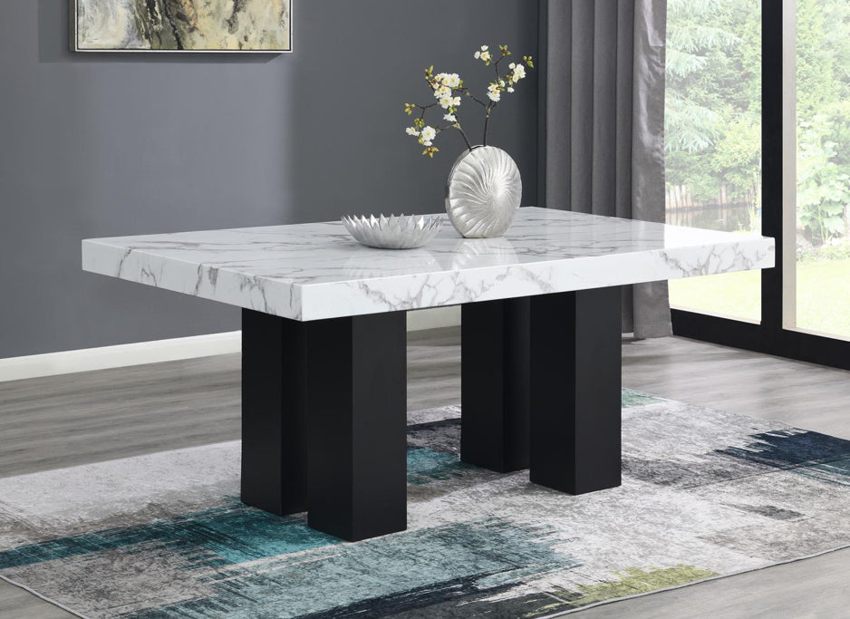 Off White Faux Marble DINING TABLE & 6 BLACK FOUX LEATHER CHAIRS