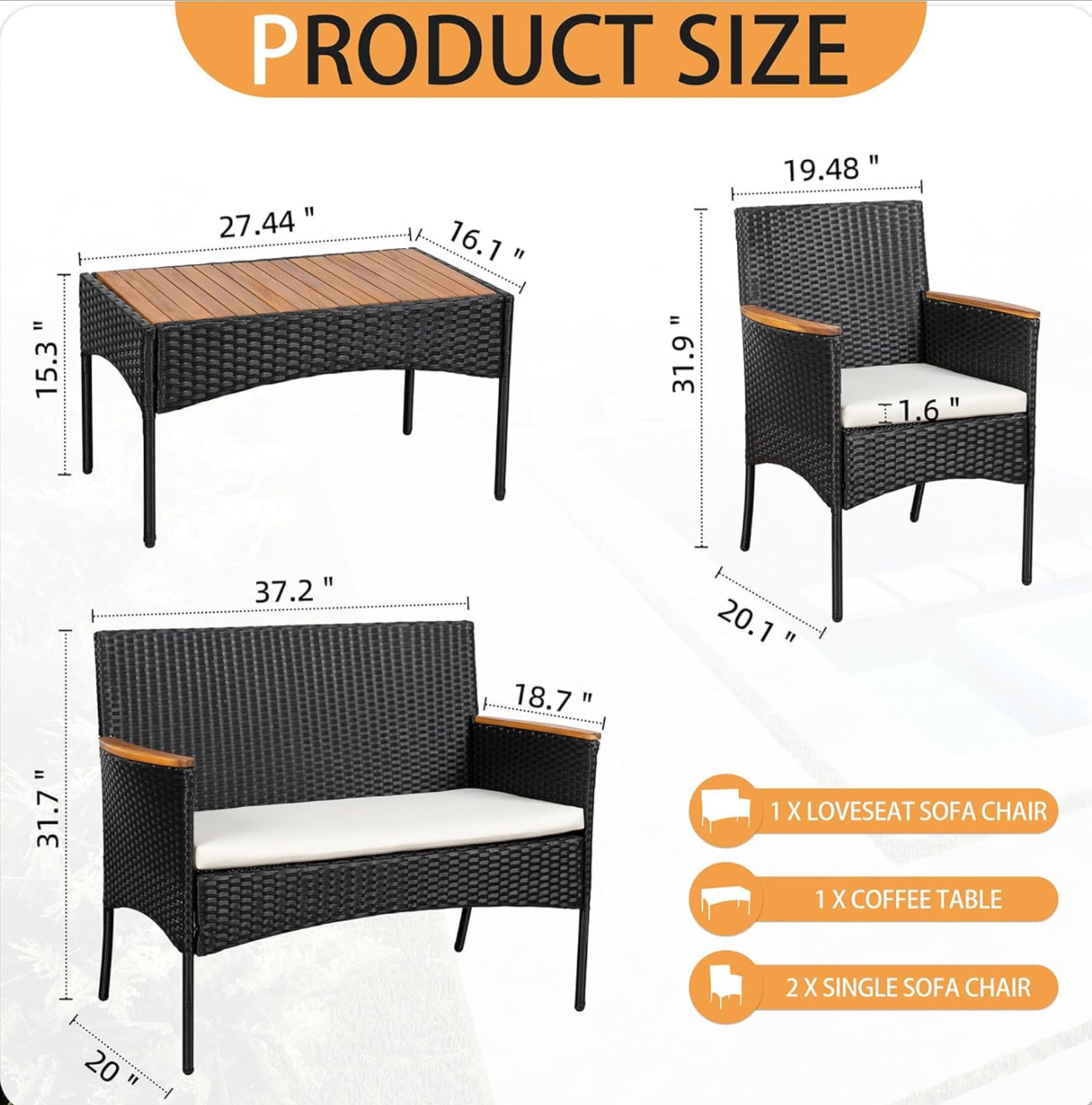 4-Piece Patio Furniture Set, Outdoor Wicker Patio Conversation Furniture Set with Cushions and Wooden Tabletop for Paito Lawn Backyard, White Cushion