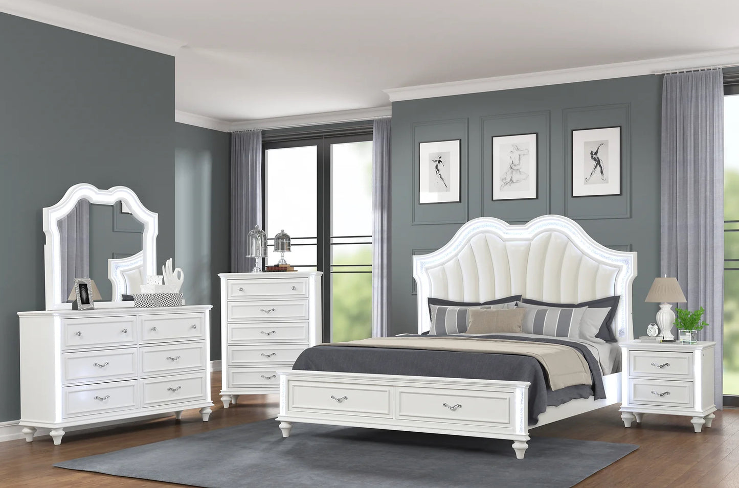 Evangeline White 4 Piece Set Includes: Queen Bed, Dresser, Mirror, Nightstand
