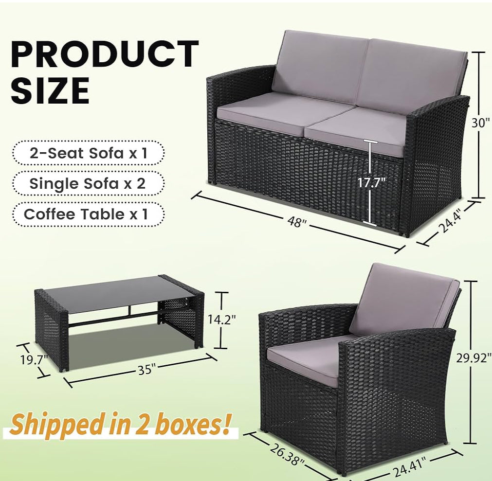 4 Pieces Patio Conversation Set, Outside Rattan Sectional Sofa, Cushioned Furniture Set, Wicker Sofa Ideal for Garden, Porch, Backyard, Black Color Rattan and Light Grey Cushion
