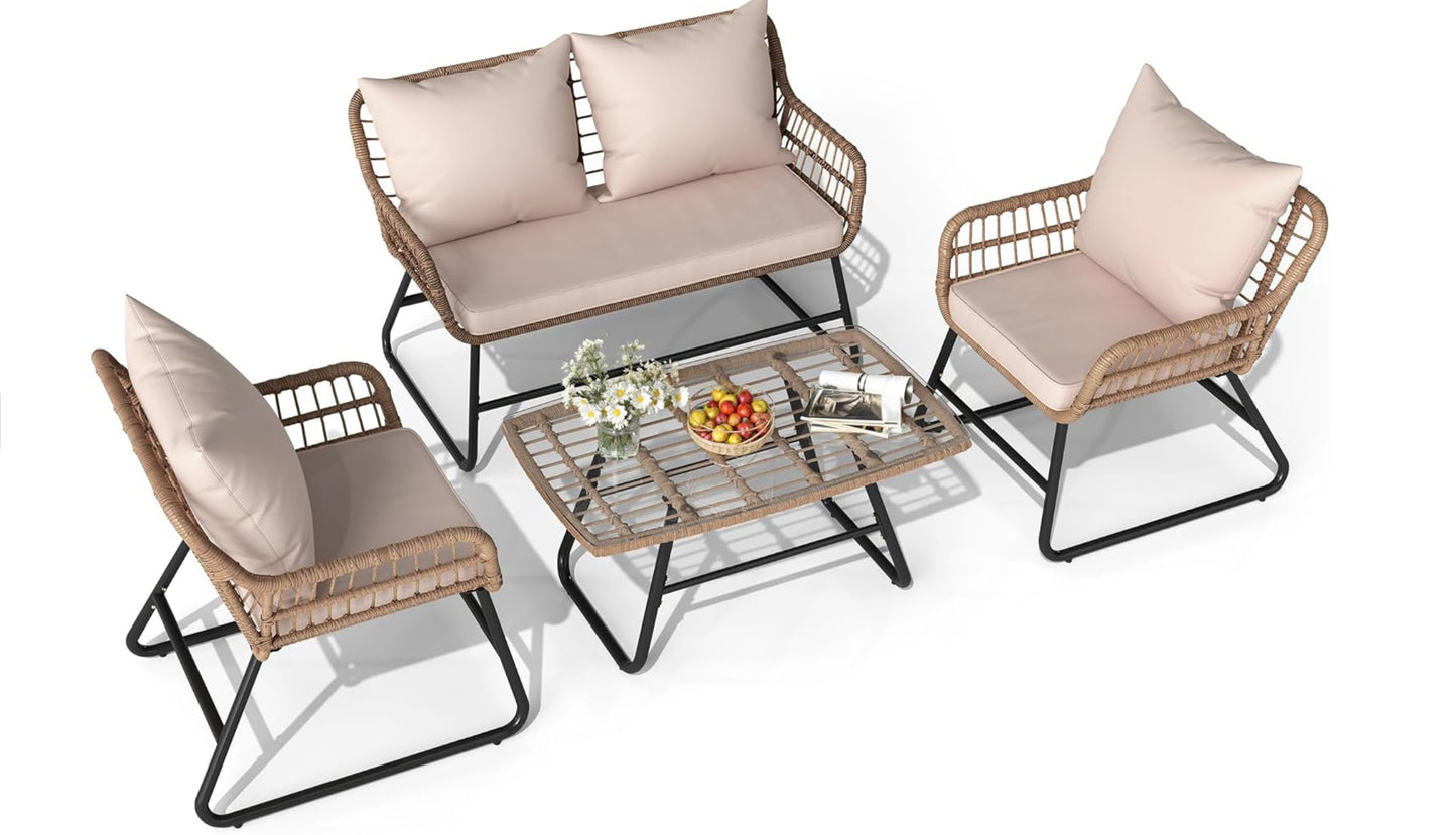 Outdoor Patio Conversation Set 4 Pieces, Wicker Furniture with Soft Cushion & Coffee Table, Rattan Bistro Set Patio Set Chairs with Side Table for Backyard, Balcony, Deck, Beige