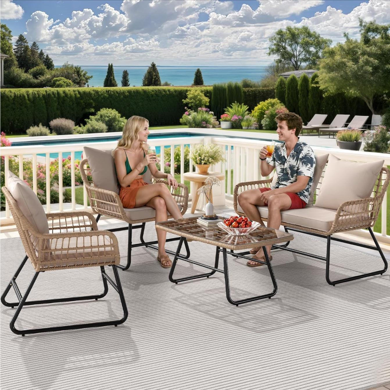 Outdoor Patio Conversation Set 4 Pieces, Wicker Furniture with Soft Cushion & Coffee Table, Rattan Bistro Set Patio Set Chairs with Side Table for Backyard, Balcony, Deck, Beige