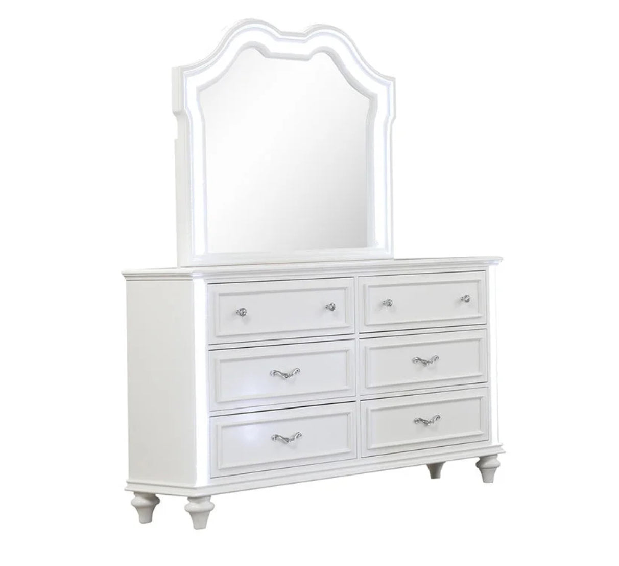 Evangeline White 4 Piece Set Includes: Queen Bed, Dresser, Mirror, Nightstand