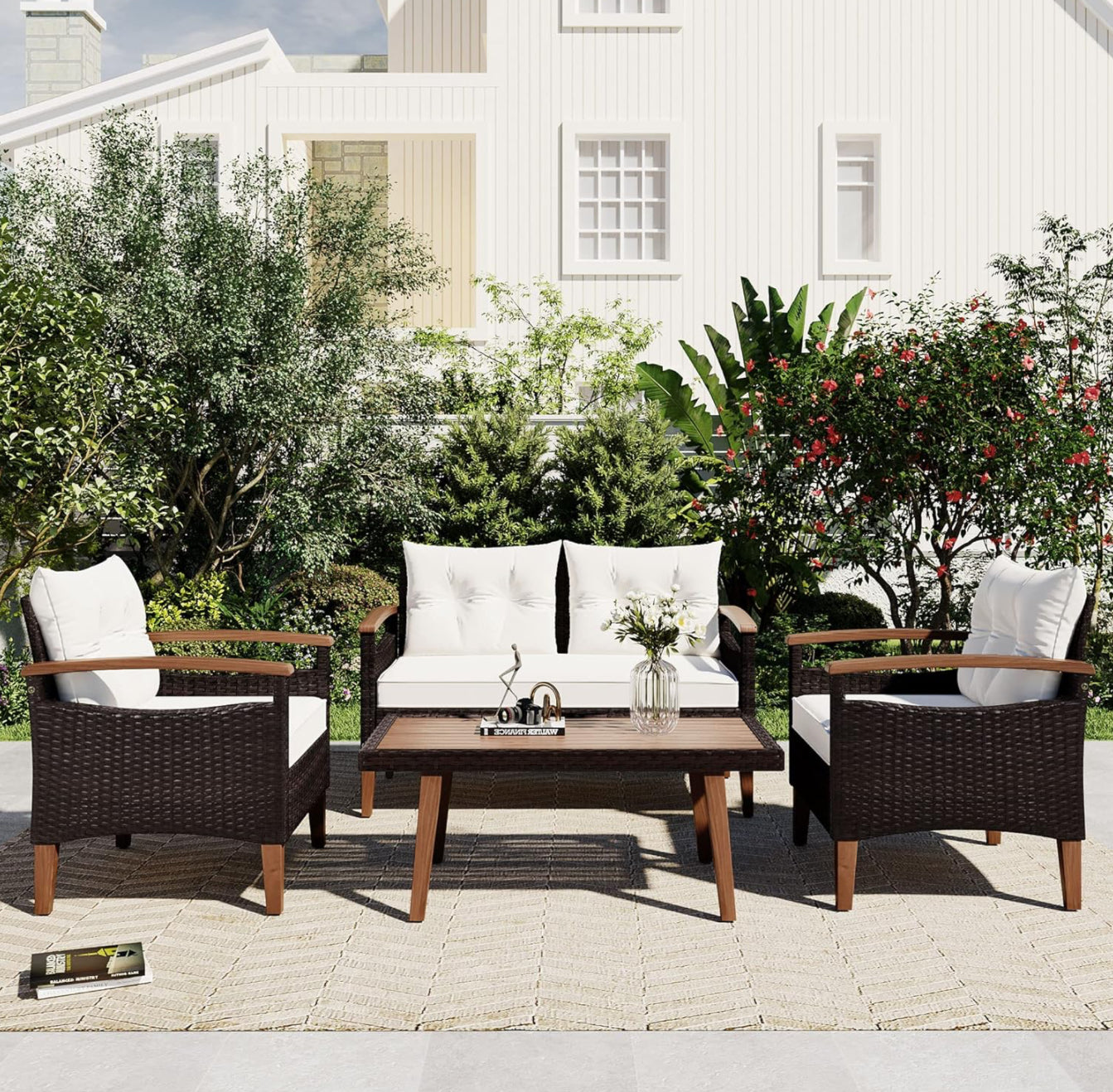 4 Piece Patio Conversation Set Rattan Chair Set Outdoor Furniture Set with Cushions and Coffee Table for Backyard Porch Poolside(Beige