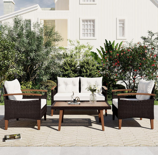 4 Piece Patio Conversation Set Rattan Chair Set Outdoor Furniture Set with Cushions and Coffee Table for Backyard Porch Poolside(Beige