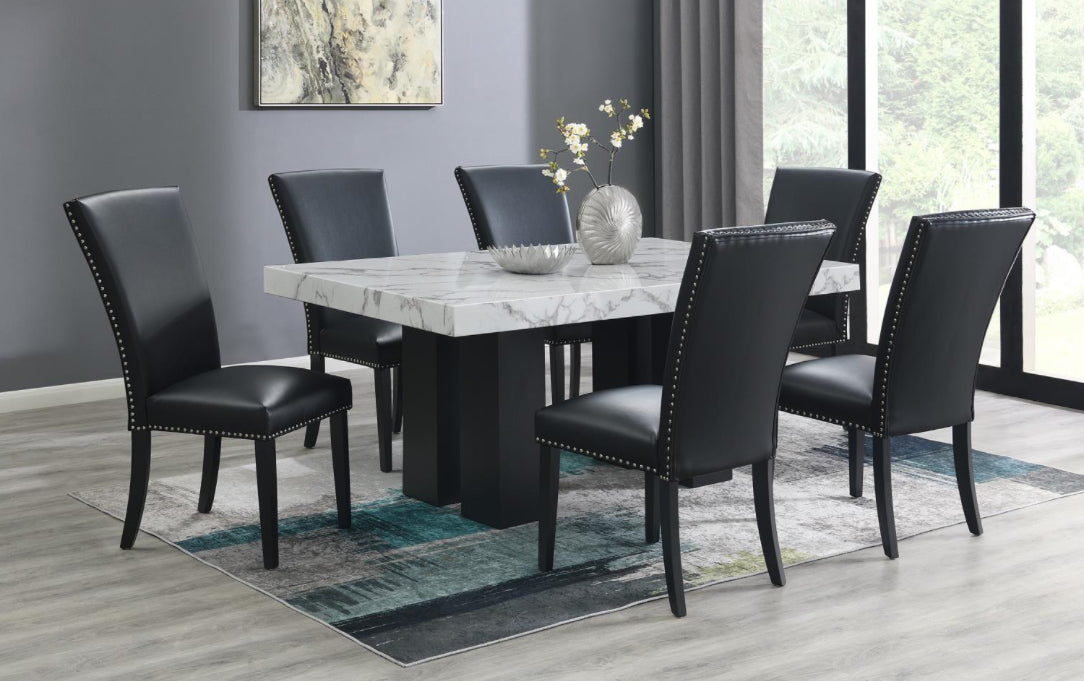 Off White Faux Marble DINING TABLE & 6 BLACK FOUX LEATHER CHAIRS
