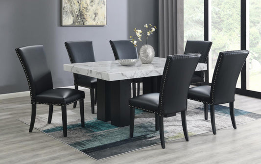 Off White Faux Marble DINING TABLE & 6 BLACK FOUX LEATHER CHAIRS